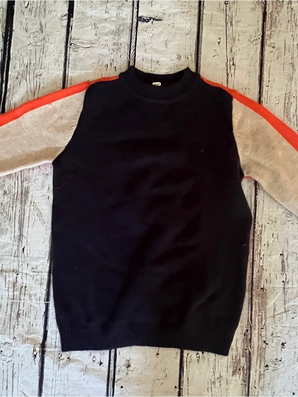 Women’s Navy Crewneck Sweater with Contrast Tan and Orange Sleeves